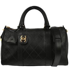 Chanel Vintage Diamond Stitch Boston Bag Quilted Lambskin Black Leather Handbag